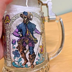 Glass Beer Stein Three Musketeers BMF Pewter Lid EUC 7" Inc. Lid West Germany
